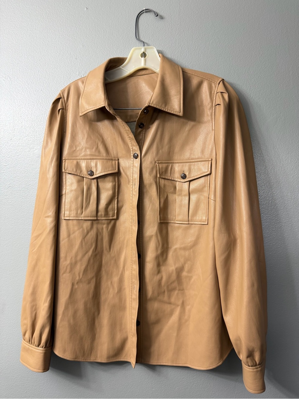 elie taharie camel faux leather button down shirt Classic Women's large